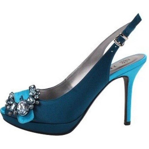 SOLD❗️ New J Renee REGINA Teal & Peacock Jeweled Peeptoe Satin Shoes in Size 8.5 - Picture 9 of 16